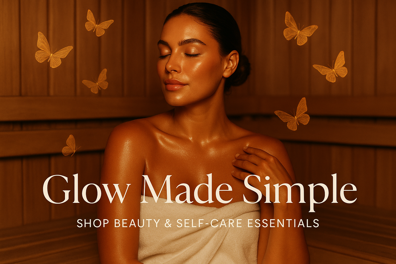 Big lifestyle photo (model glowing tan / sauna scene / butterfly motif overlay) + tagline (“Glow Made Simple – Shop Beauty & Self-Care Essentials