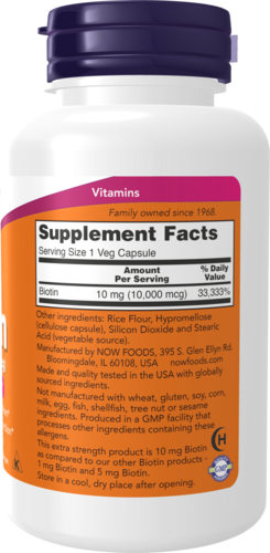 NOW Supplements, Biotin 10 mg (10,000 mcg), Extra Strength, Energy Production*, 120 Veg Capsules