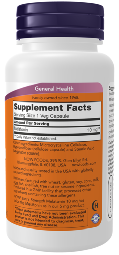 NOW Supplements, Melatonin, Extra Strength 10 mg, Free Radical Scavenger*, Healthy Sleep Cycle*, 100 Veg Capsules
