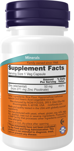 NOW Supplements, Zinc Picolinate 50 mg, Supports Enzyme Functions*, Immune Support*, 60 Veg Capsules
