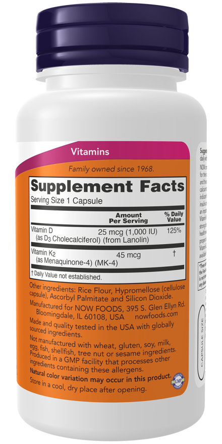 NOW Supplements, Vitamin D3 & K2, 1,000 IU/45 mcg, Plus Cardiovascular Support*, Supports Bone Health*, 120 Veg Capsules