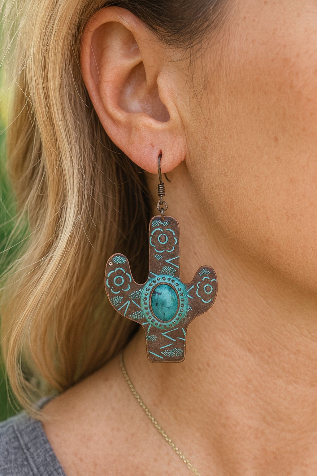 Handcrafted Cactus Turquoise Dangle Earrings – Western Boho Style by Myra Bag