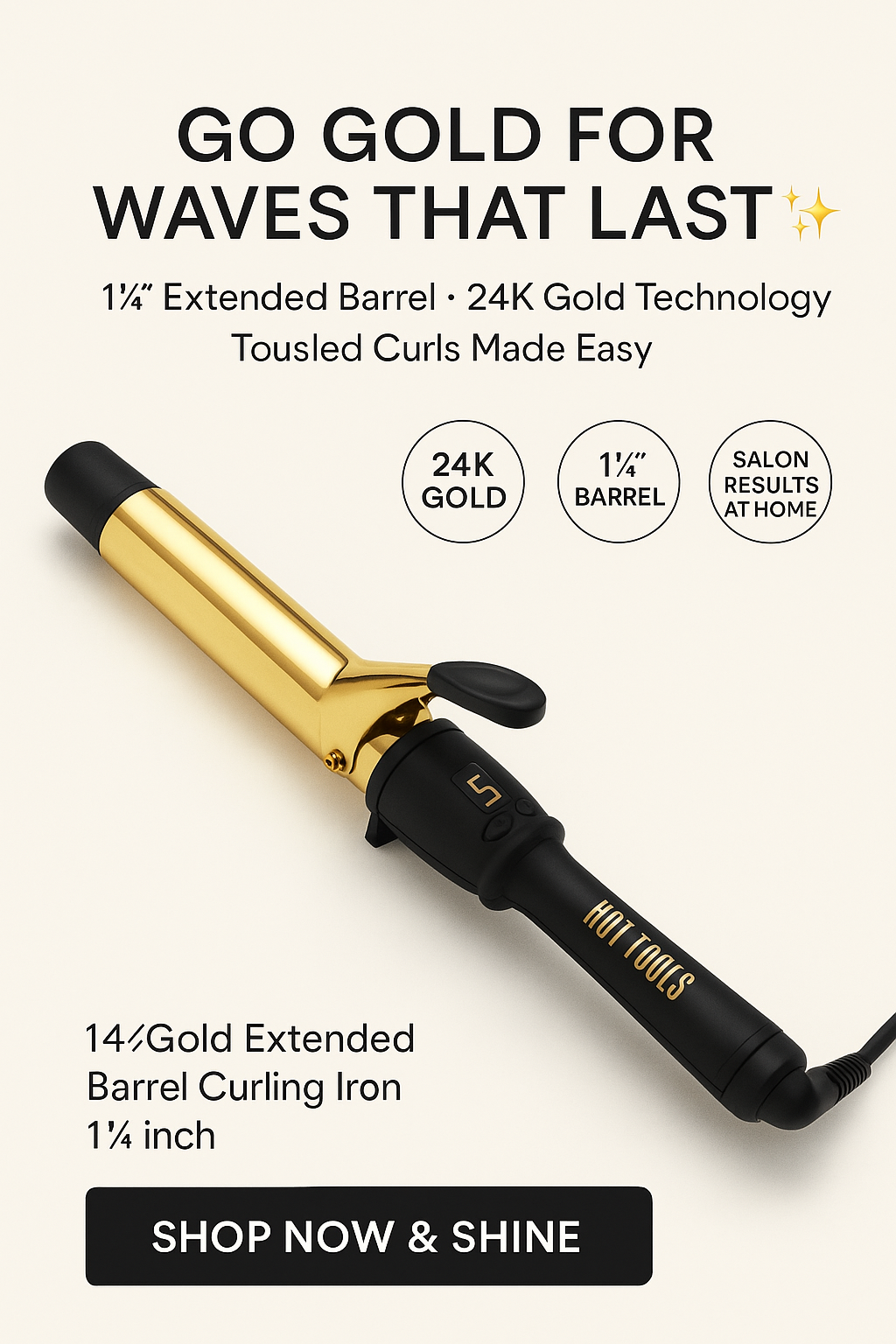 Hot Tools 24K Gold Extended Barrel Curling Iron 1 ¼″ – 24K Gold Technology, Extra‑Long Barrel for Waves & Curls