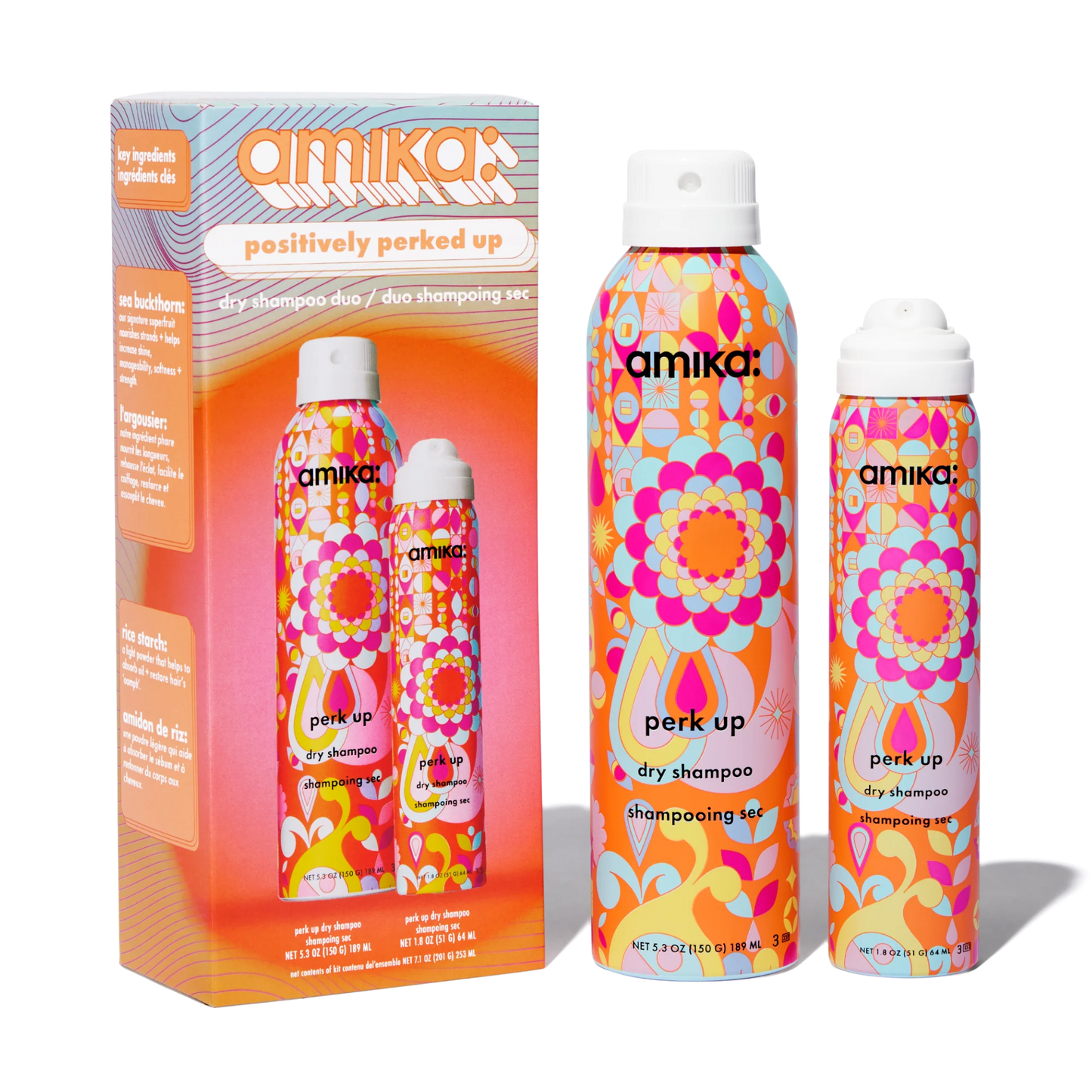 amika Positively Perked Up Dry Shampoo Duo full & travel size