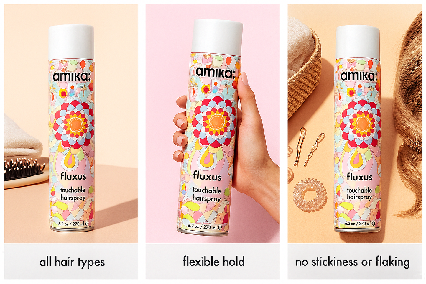 Amika Fluxus Touchable Flexible­‑Hold Hairspray – Brushable, Anti‑Humidity Finish
