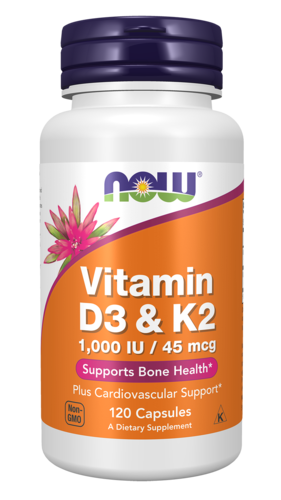 NOW Supplements, Vitamin D3 & K2, 1,000 IU/45 mcg, Plus Cardiovascular Support*, Supports Bone Health*, 120 Veg Capsules
