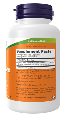 NOW Supplements, Lion's Mane 500 mg, Super Mushroom, Made with Organic Lion's Mane Mushrooms, 60 Veg Capsules